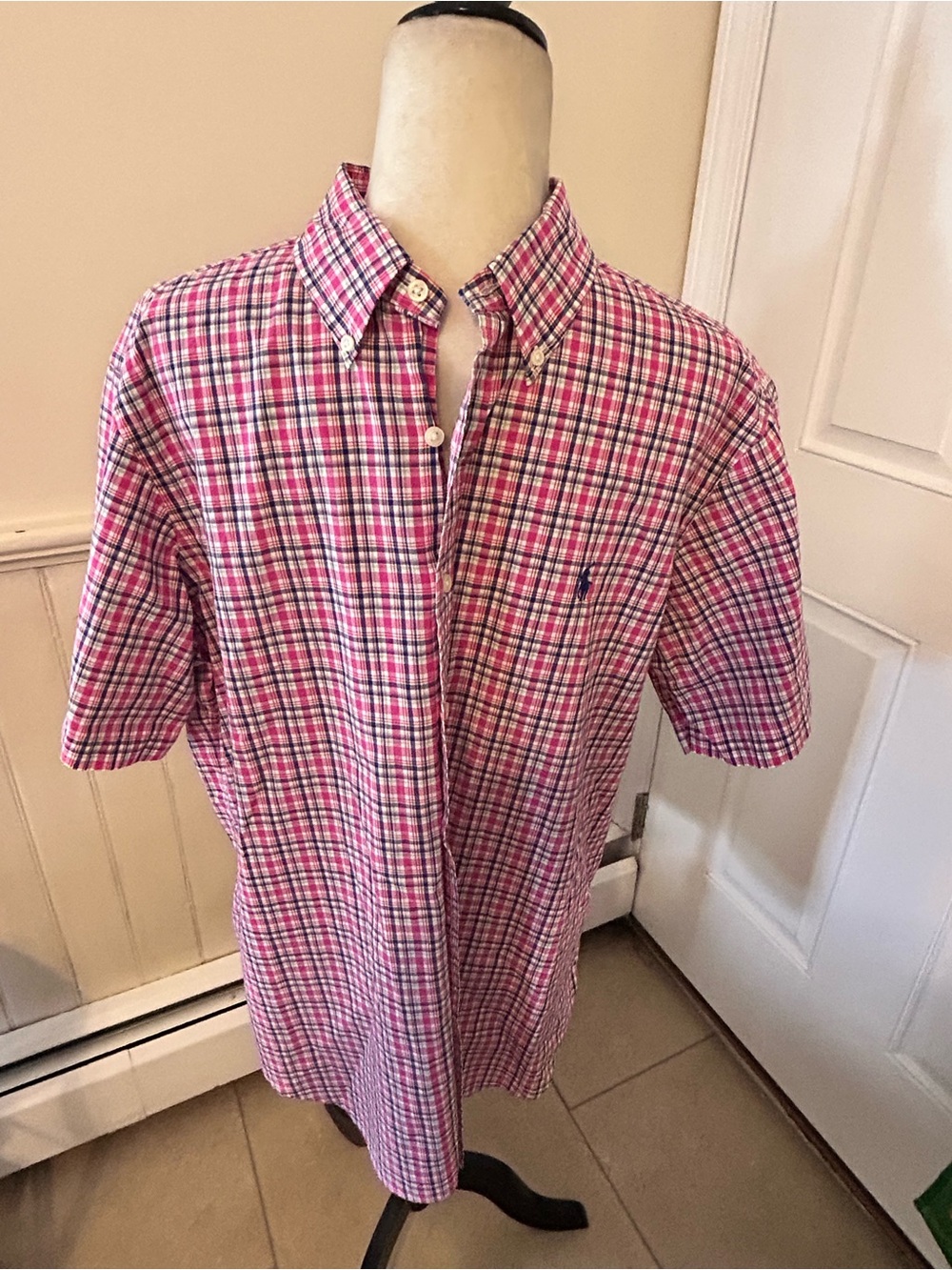 Ralph Lauren Pink & Blue Plaid Cotton Short Sleeve Shirt/Size Large
